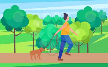 Woman walking dog in summertime park. Colorful vector illustration of woman go jogging with pet among green trees of country garden