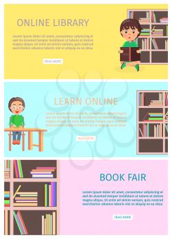 Online library and learn with internet, book fair on three horizontal banners with wooden bookcase and reading boy vector illustration.
