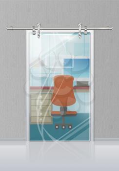Office workplace through glossy glass door view flat vector. Entrance to the cabinet with table, computer on it and chair. Modern office interior design illustration for business concepts