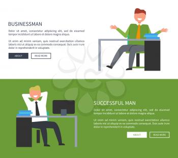 Businessman and successful men web posters with text on white and green. Smiling man sitting on chair in front of table with few books on it vector illustration
