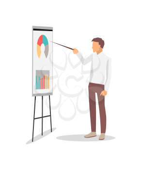 Businessman pointing at whiteboard with different diagrams and schemes that may help to find solution, presentation on vector illustration