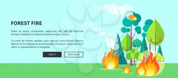 Forest fire web poster with inscription. Vector illustration of raging wildfire that has engulfed lush trees, bushes and grass on background of blue sky