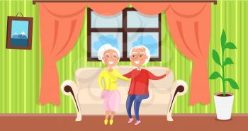 Grandparents day poster with mature husband and wife sitting on sofa near window with curtains in cosy flat vector illustration, green plant in pot