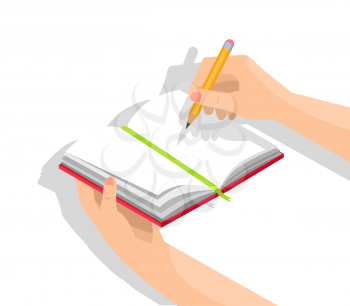 Closeup of notebook with blank pages being held in left hand along with graphite pencil in right one isolated vector illustration on white background