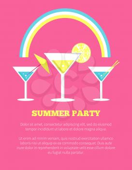 Summer party poster with martini glasses and umbrella, orange slices vector illustration with rainbow isolated on pink background with place for text