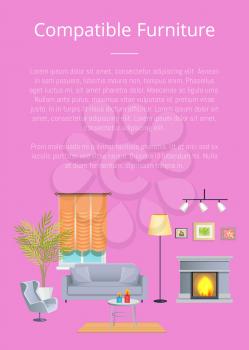Compatible furniture poster with headline and text sample, sofa and table with cup and candles, fireplace and plant isolated on vector illustration