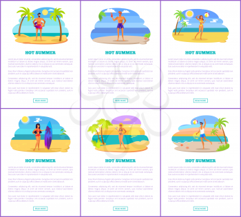 Hot summer on beach promo Internet banners. Men and women spend time on beach at seashore in summer posters with sample texts vector illustrations.