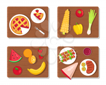 Pie and summer picnic set of wooden boards and vegetables, meat and fresh fruits summer picnic dishes vector illustration isolated on white background