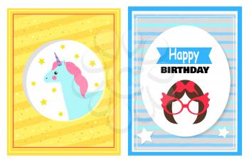 Happy Birthday cards with letterings and pattern of stripes, unicorn and stars, hairstyle and glasses, ribbon and circle vector illustration