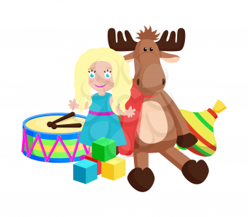 Doll and reindeer with horns wearing knitted red scarf, colorful whirlabout, drums and sticks, Christmas toys vector illustration isolated on white