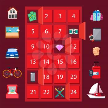 Strongbox and presents, lottery awards, icons of house and picture, car and bicycle, sailboat and money, vector illustration isolated on red