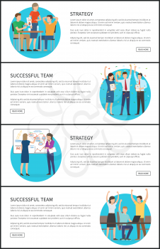 Successful team and strategy promo Internet pages set. Work cooperation to create new project. Successful team develops strategy vector illustrations.