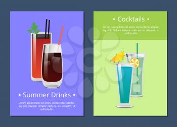Cocktails summer drinks poster with bloody mary, whiskey or vodka cola, blue lagoon, mojito beverage in transparent glasses vector illustration banner