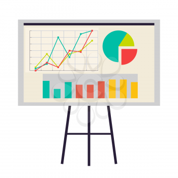 Office board with charts and diagrams vector illustration tripod isolated on white background. Drawn graphs, business infochart presentation billboard