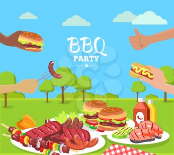 BBQ party colorful poster with cute summer park, vector illustration, human s hands holding tasty BBQ sausage, burgers and hot-dogs, meat food set