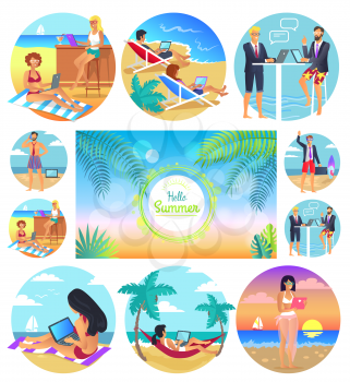 Hello summer 2017, poster set, headline and palms in centerpiece, people working by sea at beach using laptops circles isolated on vector illustration