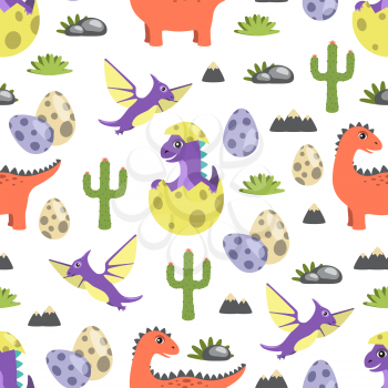 Dinosaur seamless pattern, dinosaurs and cacti egg with offspring, rock and grass, types of creatures vector illustration isolated on white background