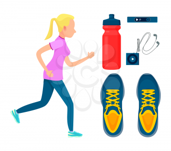 Sporty woman at training process colorful poster, running blonde, trainers pair, square music player with earphones, pulse sensor, vector illustration