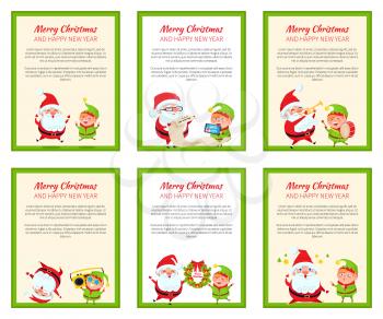 Set of Christmas banners vector illustrations with cute Santa and elf in good mood preparing for celebration isolated on white backgrounds with frames