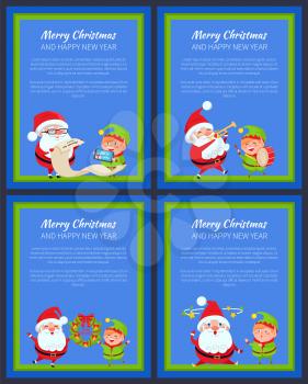 Set of New Year banners with Santa Claus in red suit and elf in green costume activities, frames vector illustration isolated on blue backgrounds