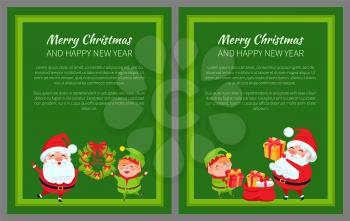 Set of merry Christmas and happy New Year banners with happy Santa and elf that are unpacking presents and playing with wreath, vector illustration