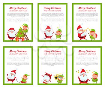 Merry Christmas and happy New Year set of cards with text sample and Santa Claus with elf, frames vector illustration isolated on white backgrounds
