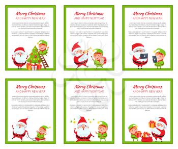 Merry Christmas and happy New Year set of cards with text sample and Santa Claus with elf, frames vector illustration isolated on white backgrounds