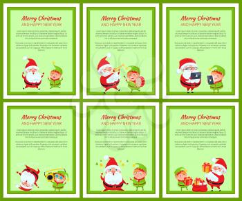 Six merry Christmas and happy New Year posters, frames vector illustrations with Santa Claus and elf activities isolated on light green backgrounds