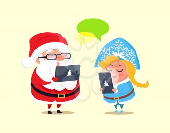 Santa Claus and Snow Maiden with gadgets reading something and singing songs, laptop and mobile phone with pine sign isolated on vector illustration