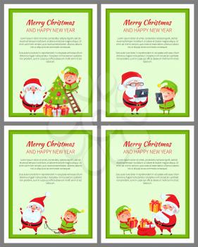 Set of cards with happy Santa and elf that are busy with celebration activities vector illustrations isolated on green backgrounds with green lines