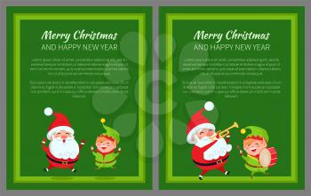 Merry Christmas and Happy New Year posters set Santa and Elf playing on trumpet, drum musical instrument, merrily jumping vector cartoon characters