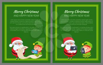 Merry Christmas and Happy New Year posters Santa and Elf reading wish list on paper scroll, communicating on digital tablet and smartphone vector
