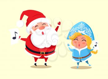 Santa Claus and Snow Maiden singing together, icon of note, winter characters wearing traditional costumes and smiling isolated on vector illustration