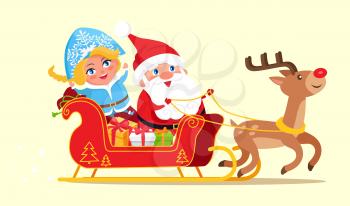 Santa riding on sleigh with Snow Maiden beside him, sled with reindeer full of presents to kids, poster dedicated to holiday vector illustration