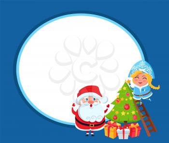 Happy Santa Claus with granddaughter decorating Christmas tree with toys and big yellow star on top, vector illustration isolated on blue background
