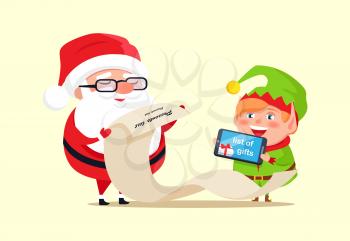 Santa Claus and elf checking out gift list icon isolated on white. Vector illustration with Santa and his helper holding tablet and long paper with list
