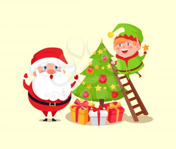 Santa Claus and elf decorating Christmas tree icon isolated on white background. Vector illustration with winter characters working on festive green spruce