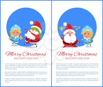 Merry Christmas and Happy New Year posters with Santa and Snow Maiden playing hide-and seek cover on eyes, searching ideas with stars over head vector