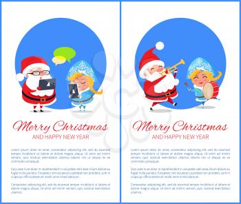 Merry Christmas and happy New Year, innovations in form of gadgets in hands of Santa Claus and Snow Maiden, posters set, vector illustration