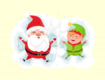 Santa and elf cartoon characters making butterflies laying in snow vector isolated on white background. Father Christmas and little helper having fun