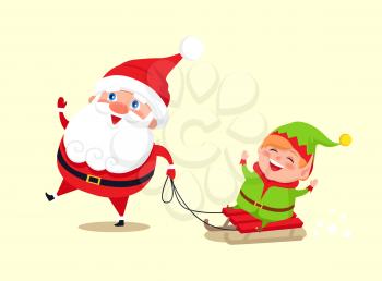 Santa Claus and elf on sledge icon isolated on white background. Vector illustration with Santa having fun with his helper dressed in green costume