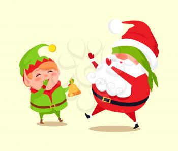 Santa and elf cartoon characters playing hide-and-seek, little helper call Father Christmas by golden bell, vector illustration poster isolated on white