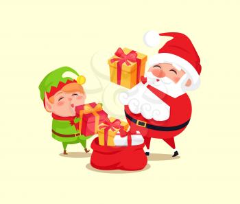 Santa and elf cartoon characters put presents into big red sack vector illustration isolated on white. Father Christmas and little helper going to present gifts