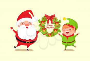 Merry Christmas congratulation from Santa and elf icon isolated on white background. Vector illustration with happy fairy tale xmas characters