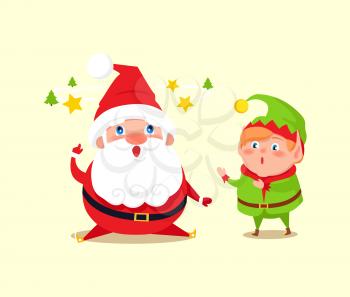 Santa has idea shown by stars and tree, amused elf with shocked face expression vector illustration banner with cartoon characters isolated on white