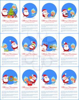 Merry Christmas and happy New Year, set of placards with text below images of Santa Claus and Snow Maiden doing work isolated on vector illustration