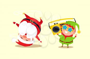 Santa Claus and elf with tape recorder on shoulder wearing green costume, winter character and his helper amusing and having fun vector illustration