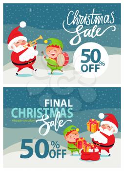 Final Christmas sale poster vector illustration with pretty Elf in green suit and Santa Claus in red costume with musical istruments and gift boxes