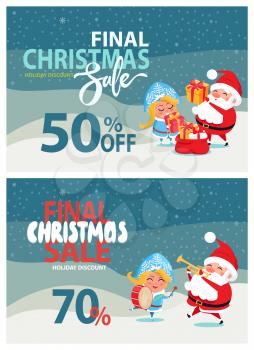 Final Christmas sale holiday discount 50, 70% off poster Santa and Snow Maiden put presents into sack, playing musical instruments winter landscape