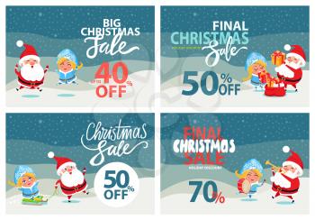Big Christmas sale clearance set of posters with Santa Claus and Snow Maiden under snowfall. Vector illustration with final New Year discount promotion